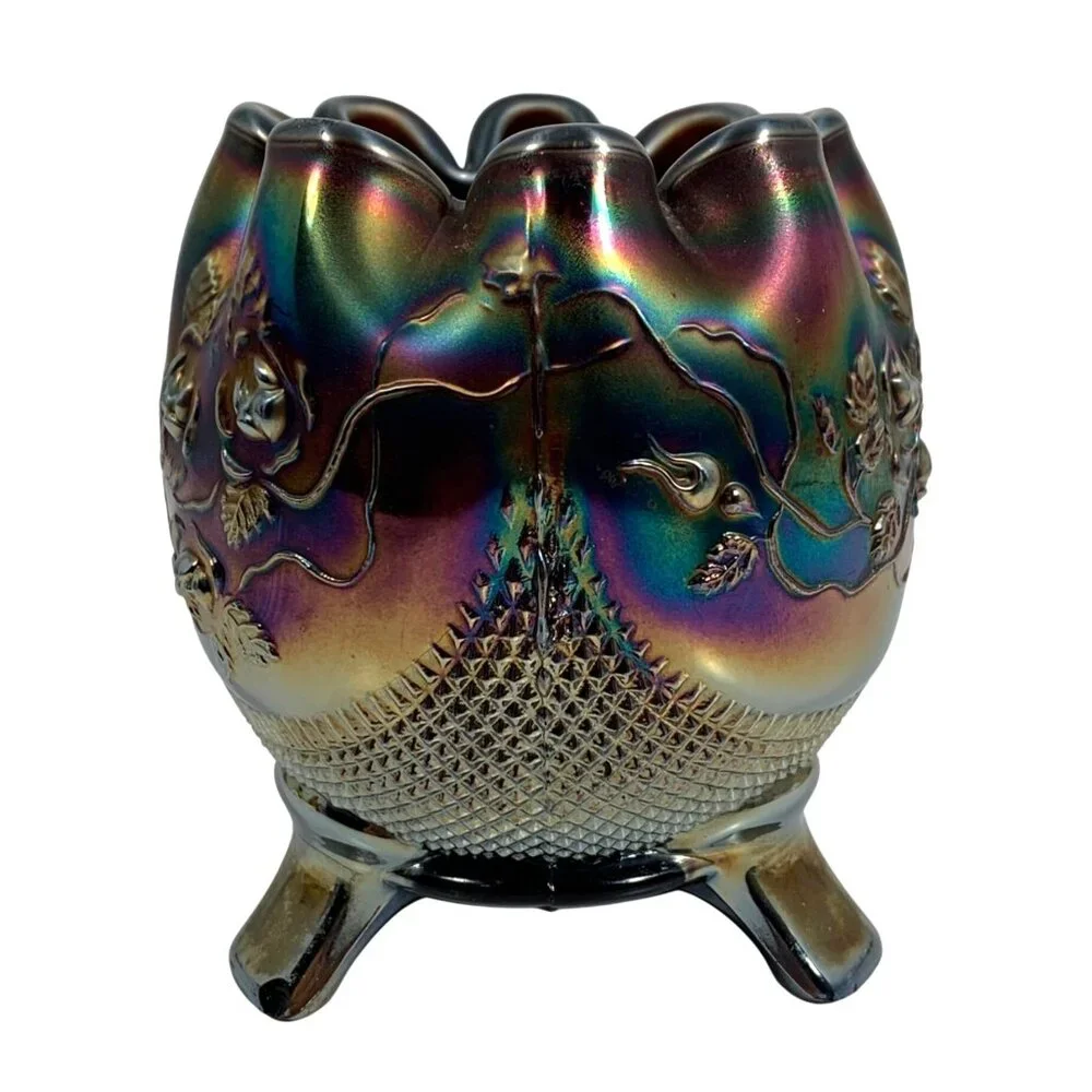 Northwood Rosebowl Fine Cut Roses Crimped Bowl Iridescent Carnival Glass Vase